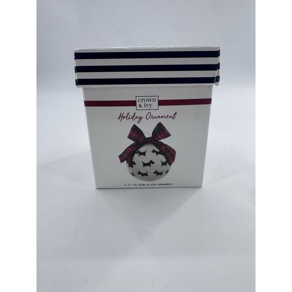 Crown & Ivy Christmas Holiday Ornament Black Scottie Dog Plaid Bow Fast Shipping